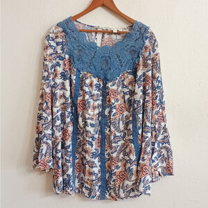 Weekend Suzanne Betro Boho Top Blouse Blue Pink Floral Womens XL